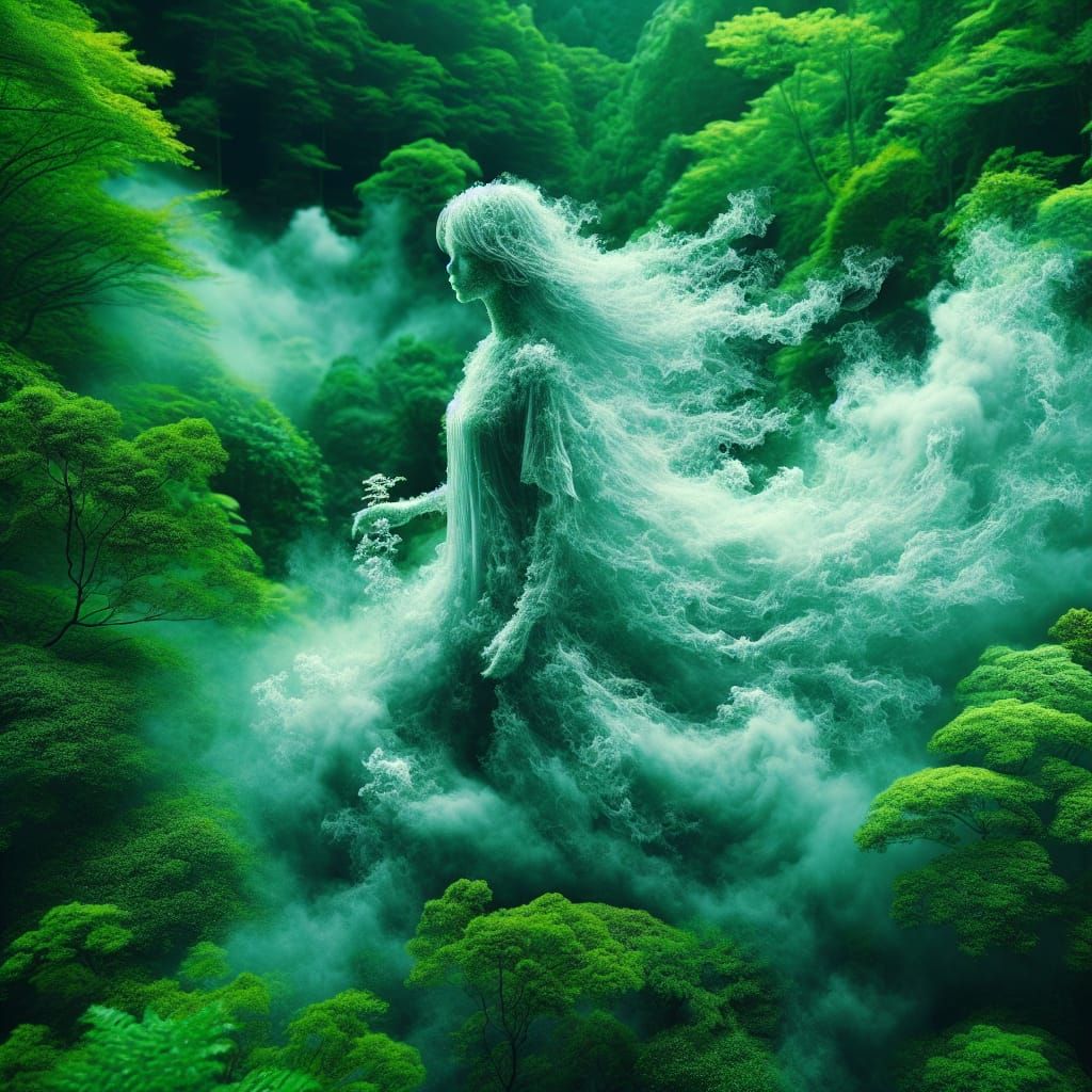 Girl made of mist walking in a green green forest, wispy, et...