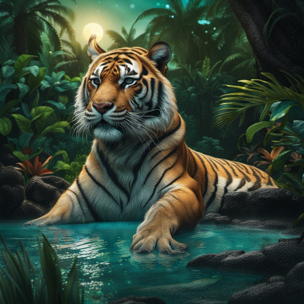 hyperdetailed photorealistic tiger, eerie moonlight, background lush ...