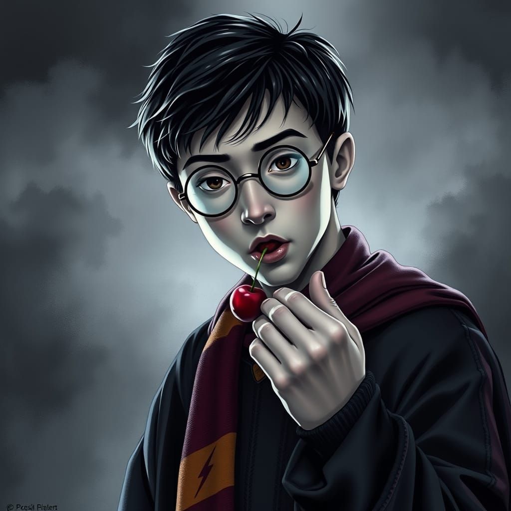 Harry Potter Eating a Cherry: Detailed Grayscale Portrait