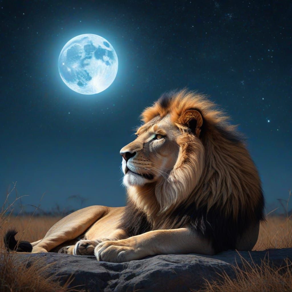 A majestic African lion sleeping peacefully under a full moon in the savanna at night, stars visible, ...  by @Mthatha CHUMA 