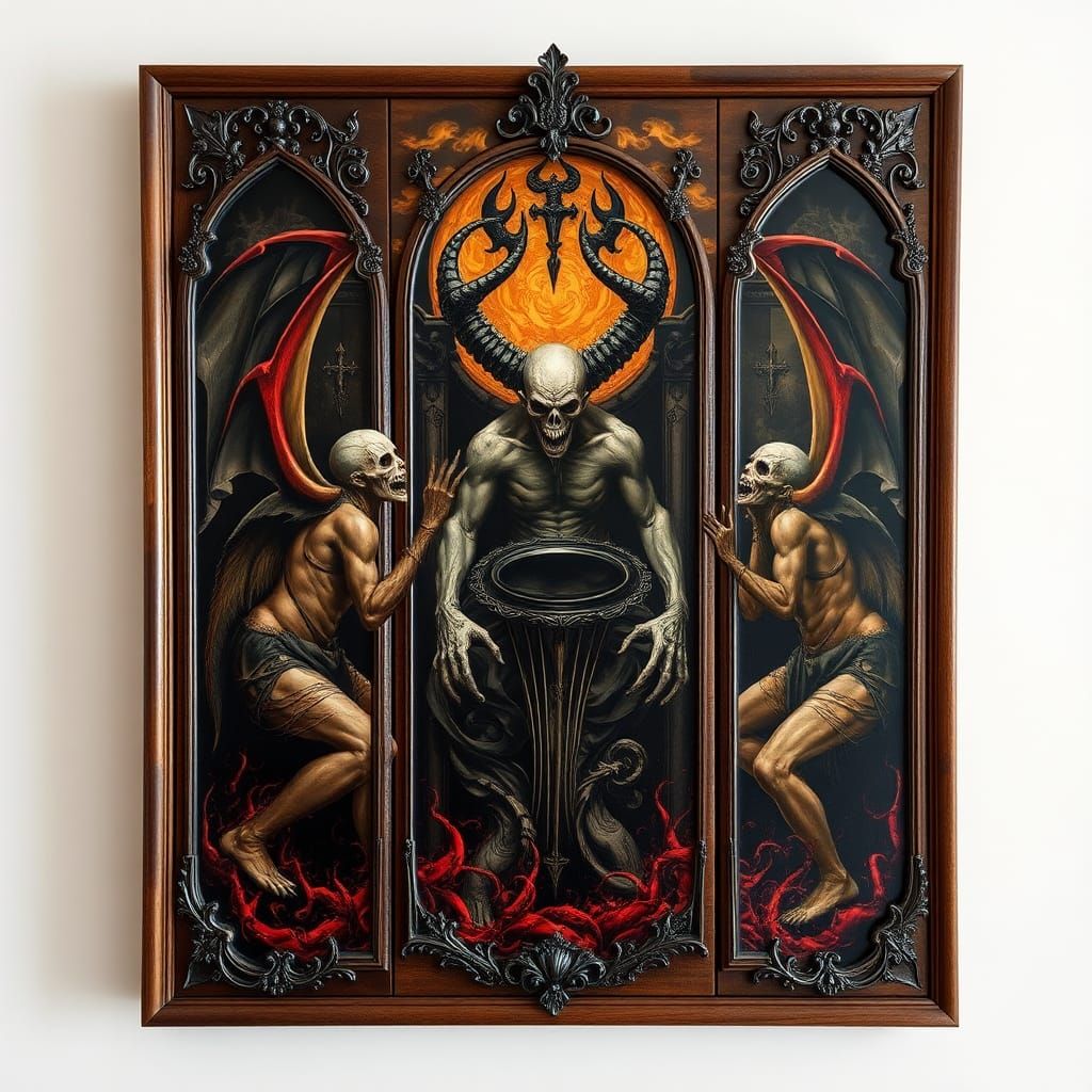 Diabolical Malevolent Encaustic triptych painting on mahogan...