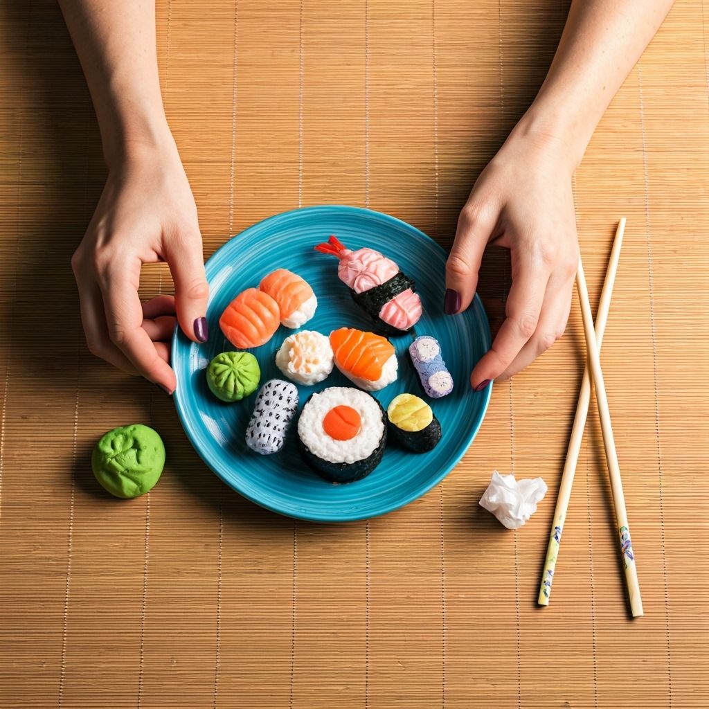 Charming Fabric Sushi Still Life in Illustrative Style