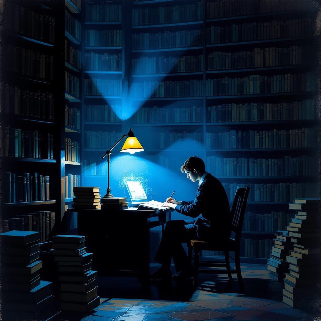 Student Studies in Shadowy Library, Illuminated by Hologram