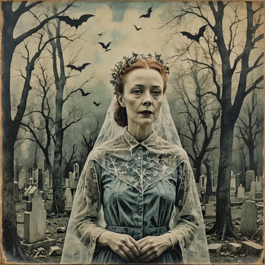 Outdoors portrait,  ghost IN A graveyard, encaustic, flying ...