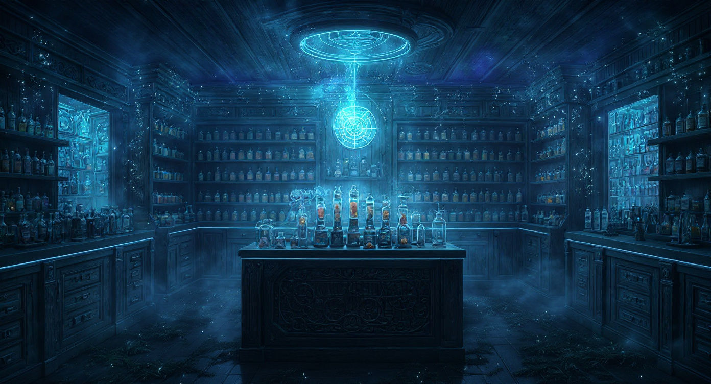 A witch shop that is completely modern witchcraft that sells magical potions. futuristic fantasycore 