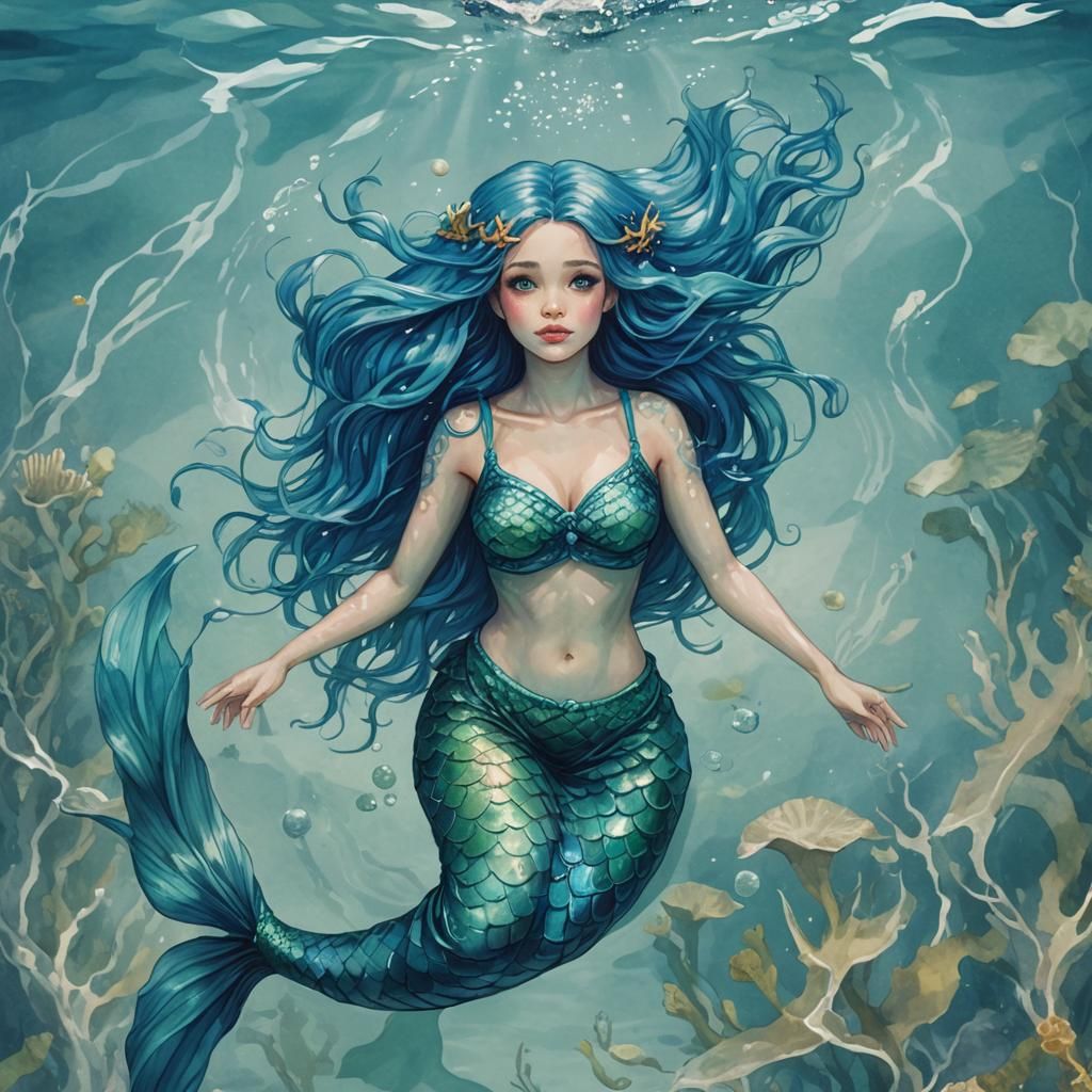 A blue haired mermaid swimming