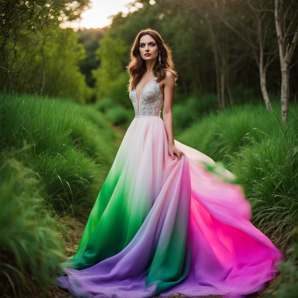 Beautiful Woman in colour ful ombre wedding gown with Beautiful eyes in lush green landscapes in full ...  by @Ramesh Kumar Madhugiri 