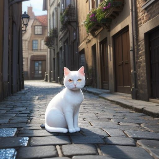 Cute White Cat with Blue Eyes in Cobblestone Alley