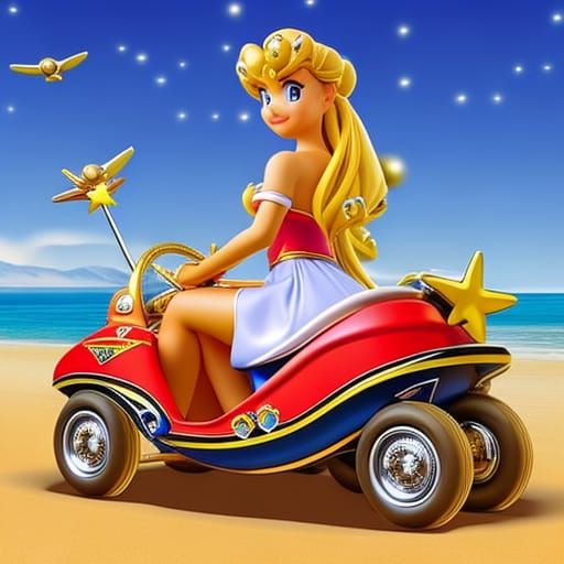 A beautiful blonde princess sits in a go kart, braided hair,...