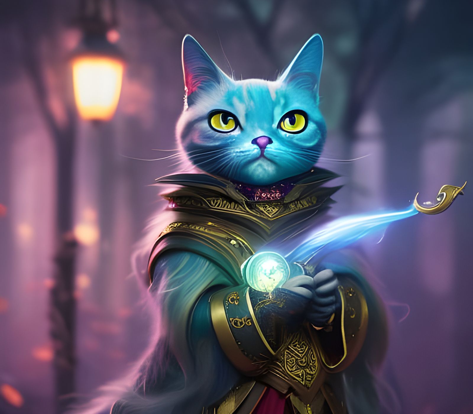 the portrait of an adorable chibified magician cat wizard, Greg Rutkowski, soft_tigers, concept art portrait, neon, Artg...