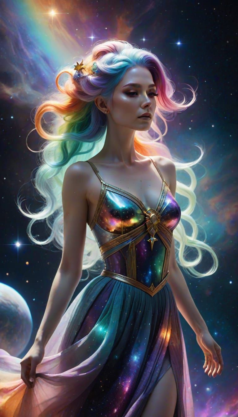 A beautiful plus-size bare-chested cosmic goddess with no shirt, whose skirts are made from nebula, and stars decorate her long flowing curl...