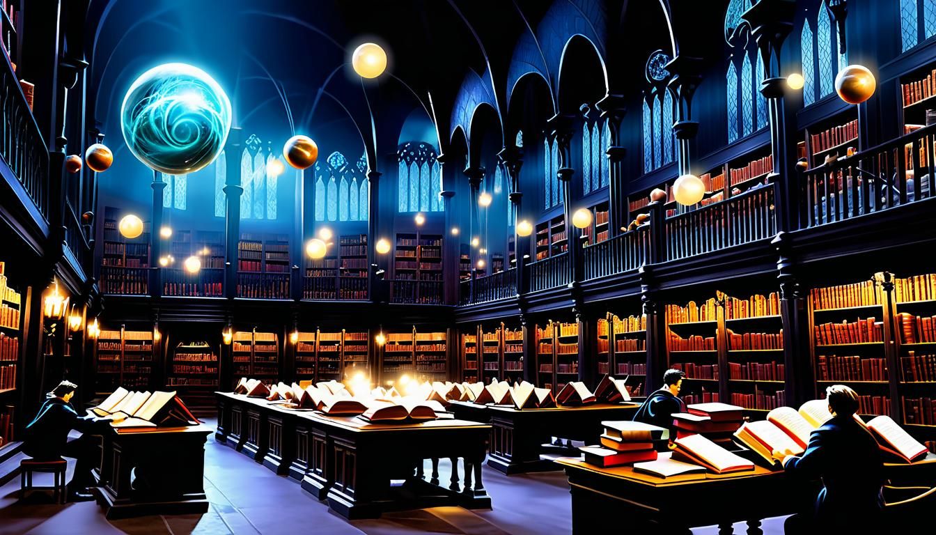 the magical library of a wizarding university with wizarding...