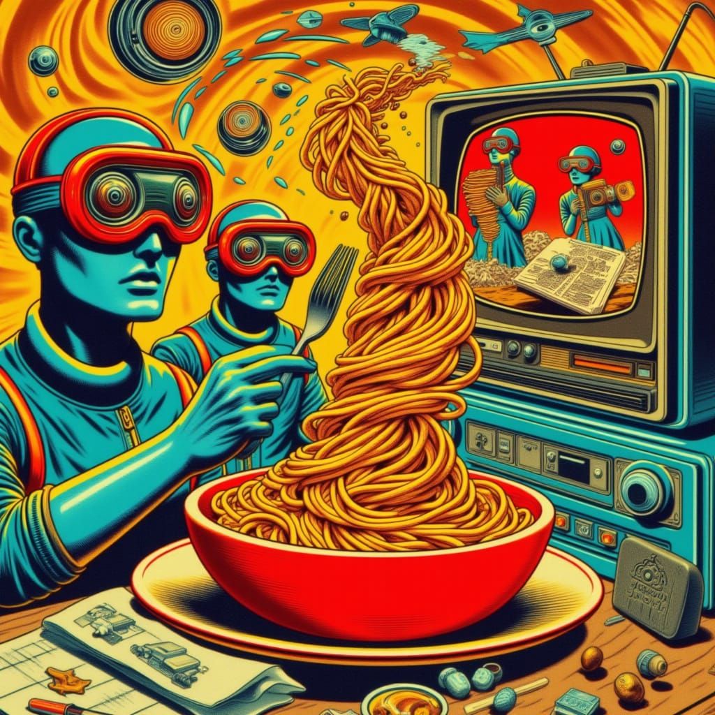 <lora:Distorted Memories:1.0>
Vibrant, retro-futuristic illustration featuring a surreal scene. The layout is a dynamic composition with a c...