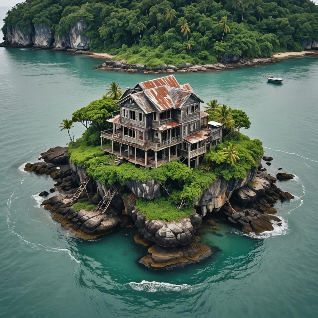 A multi-storey rickety old house on a tiny island in the mid...