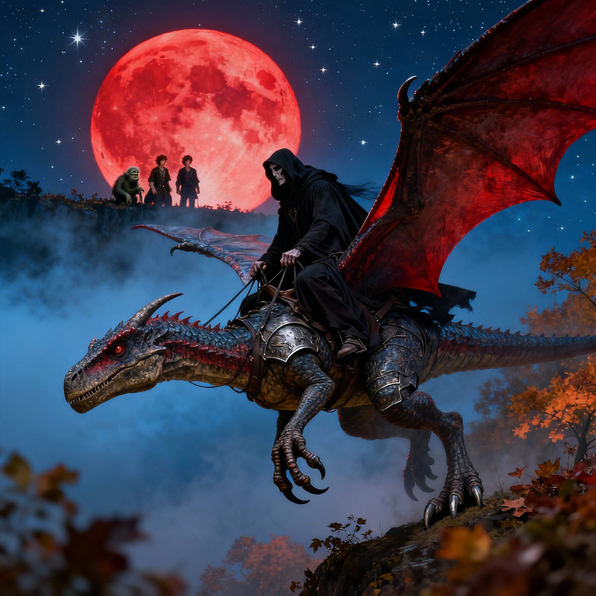 Nazgul riding on a terradactyl in the autumn night sky.Our heroes Frodo,Sam and Smeagol can be seen in the distant shadow of the bright bloo...