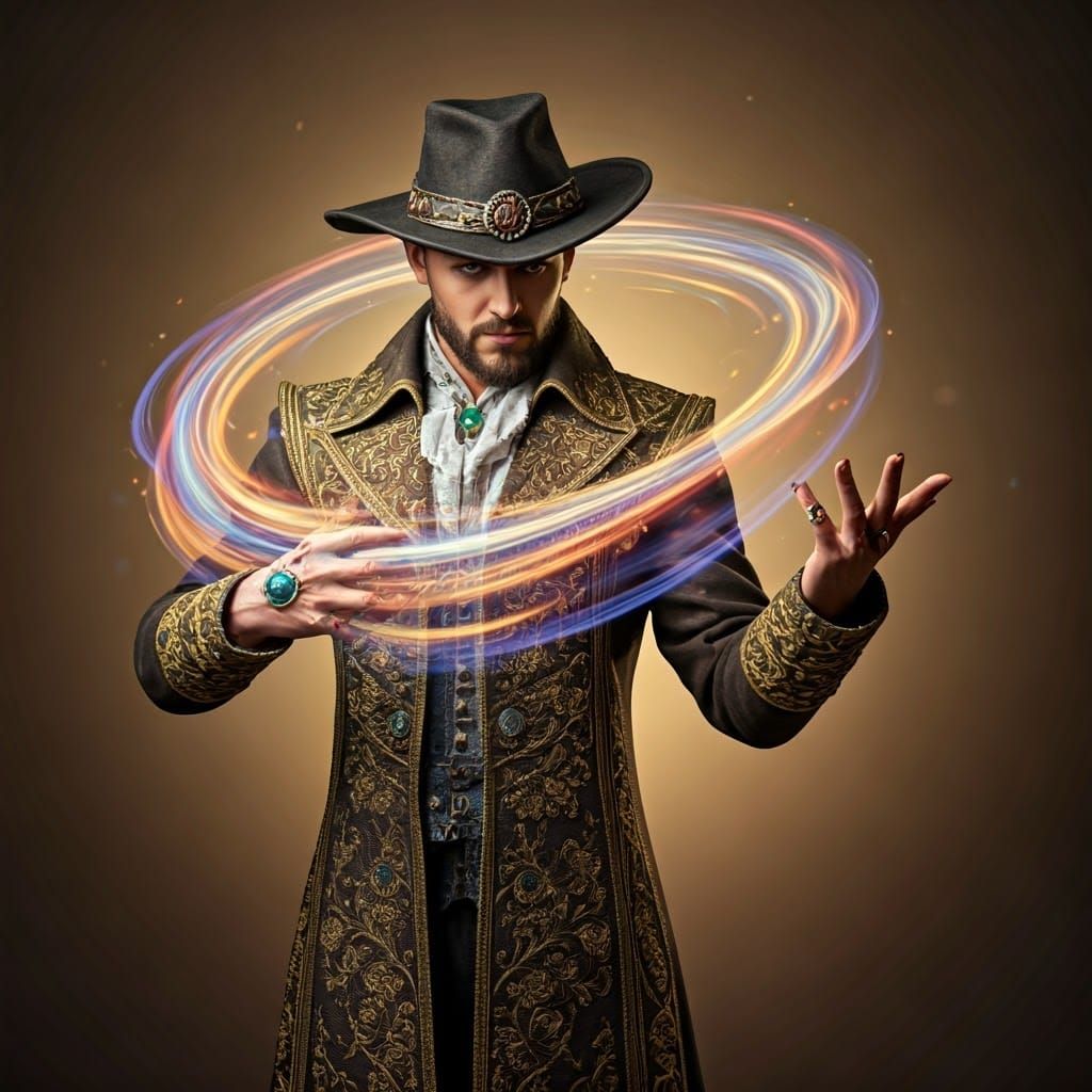 The sorcerer casts an air spell in the form of a shield made of strands of multi-colored smoke.