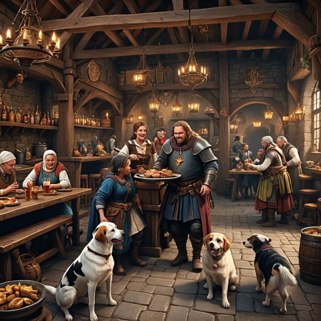 Inside of a medieval times Public House with village folk being served tankards and a large platter of ...  by @Murray