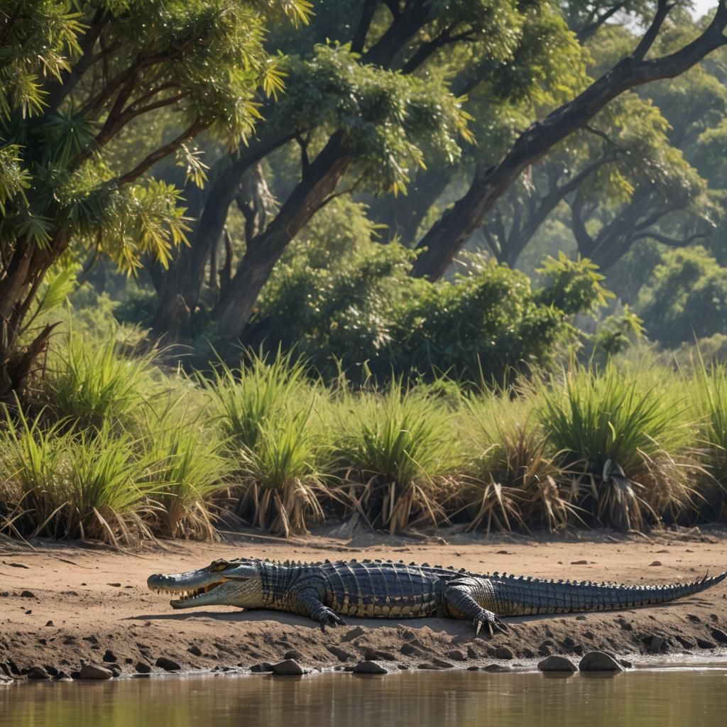 A panoramic scene of a Nile crocodile basking on a riverbank...