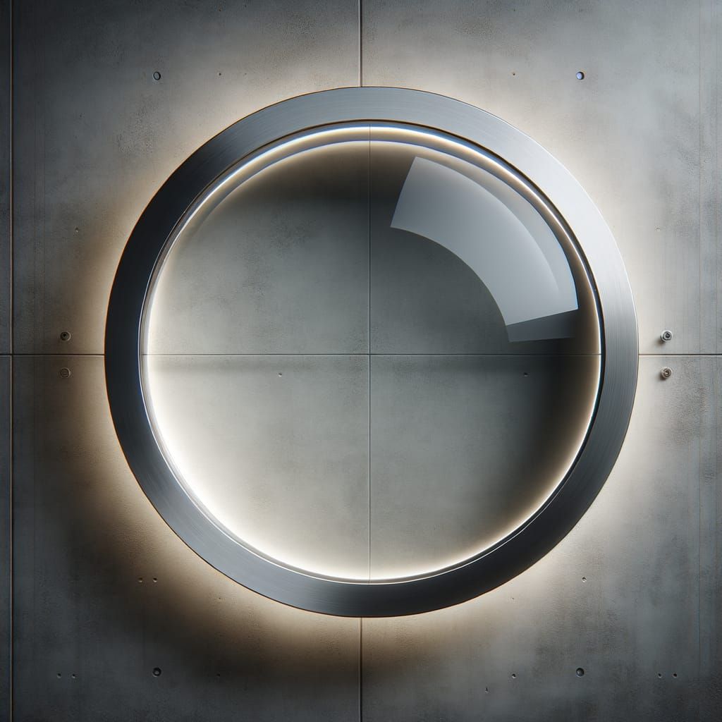 Fotografía de una pared de hormigón pulido con un panel circular de vidrio, transparente y opaco, ambos con una superficie perfectamente lis...