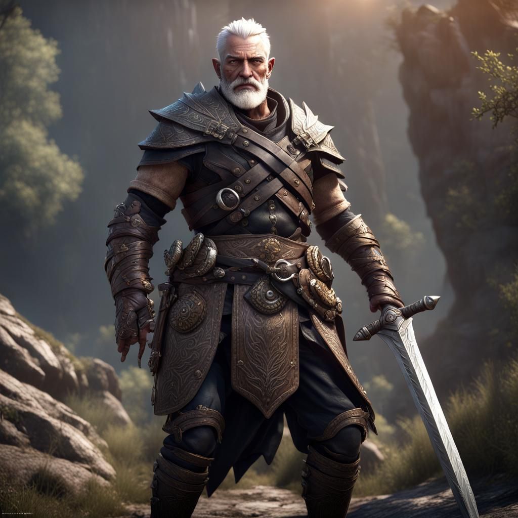 Old man monster hunter with rugged features, dark leather armor ...