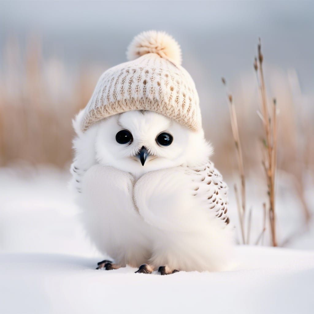 Cute baby Snow owl wearing a cute hat  by @Star