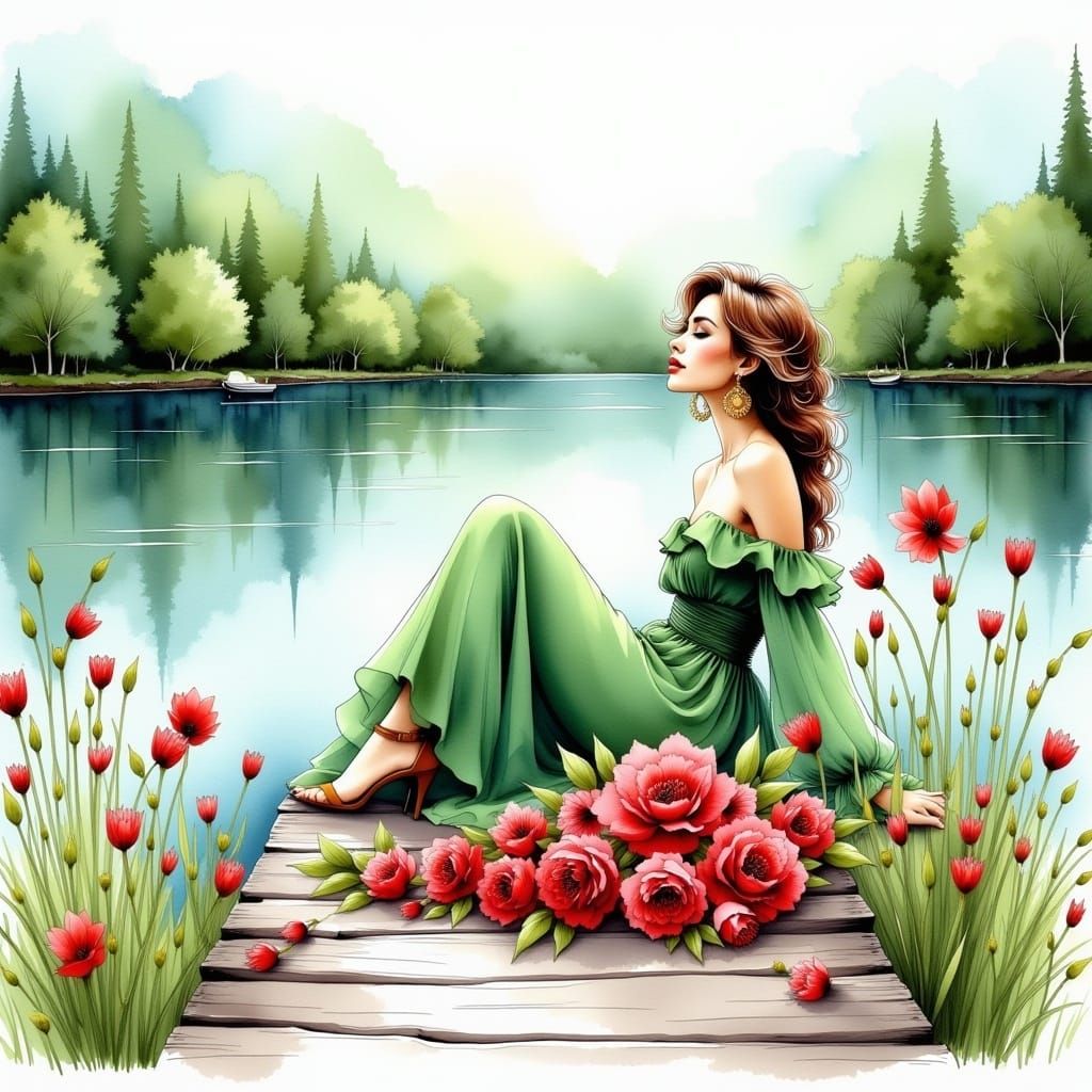 <lora:InkDrrawFlux:1.0> close up of A beautiful woman in a long green dress sitting on the edge of a lake dock looking into the water, a pil...