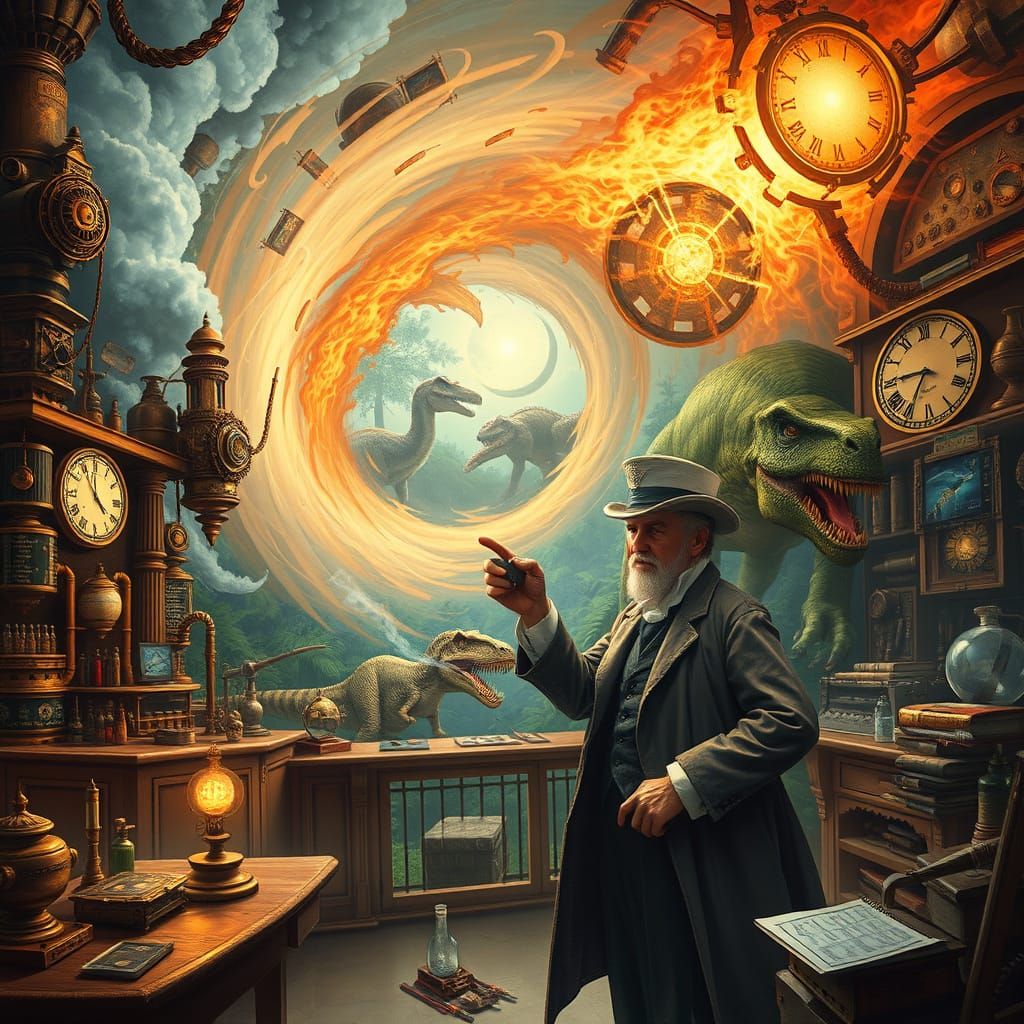 A Victorian scientist activates a time-traveling device in his laboratory, creating a swirling vortex ...  by @Feeling Creative