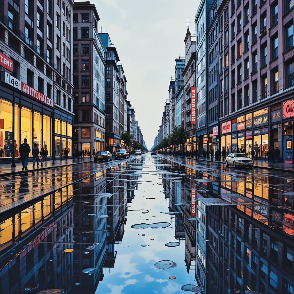 Reflections in a city puddle