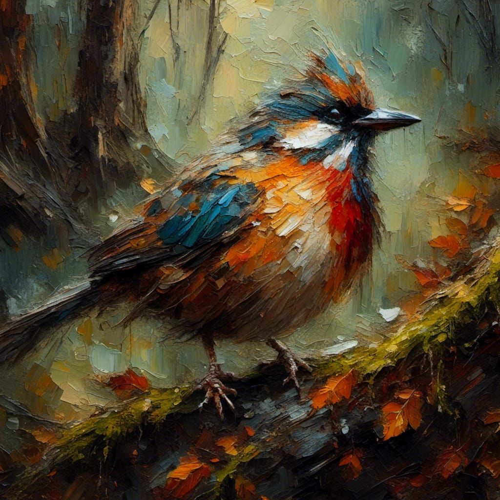 Grungy Bird Perched on Mossy Stone as Impasto Painting
