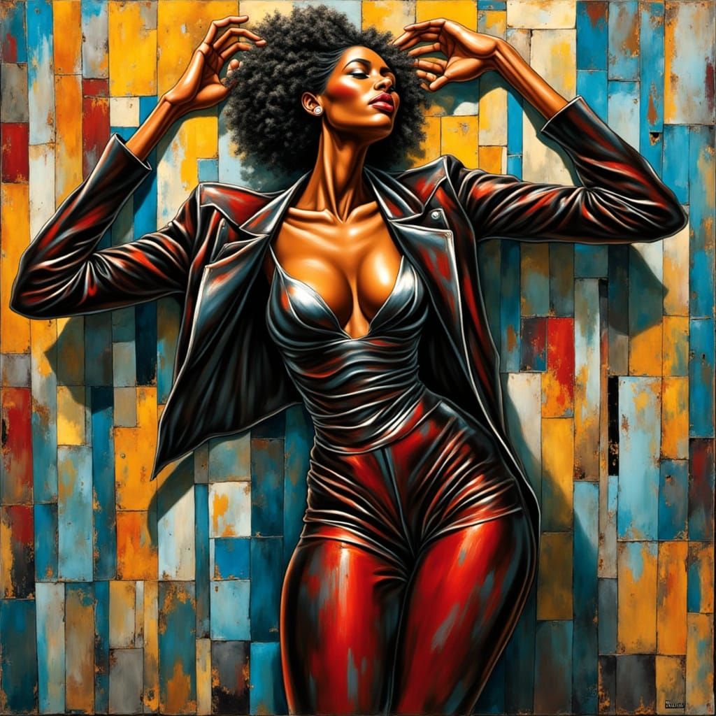 BLACK WOMAN <lora:MarvModel:1.0> rotation speed brain dead retro puzzle matrix guess A static streaked rough, abstract AI Banksy-style meme ...