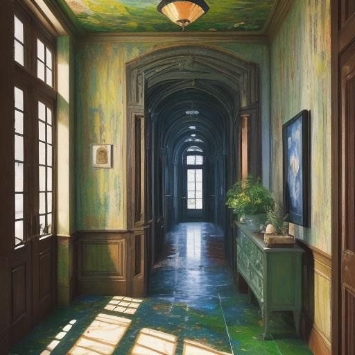 Intricate Bookshelf in Courtyard: Expressionist Oil Painting