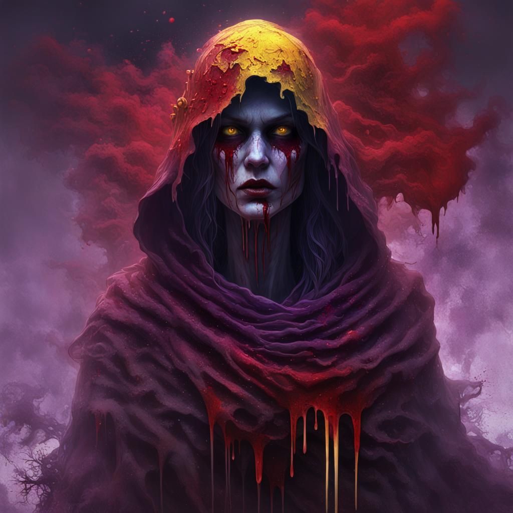 Dripping Blood soaked ghostly woman shrouded in bloody mist