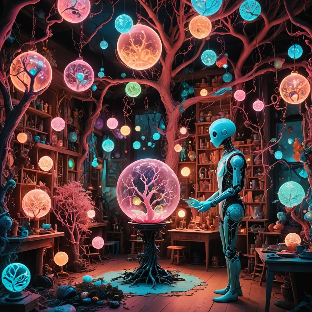 fluorescent workshop set in a glowing forest