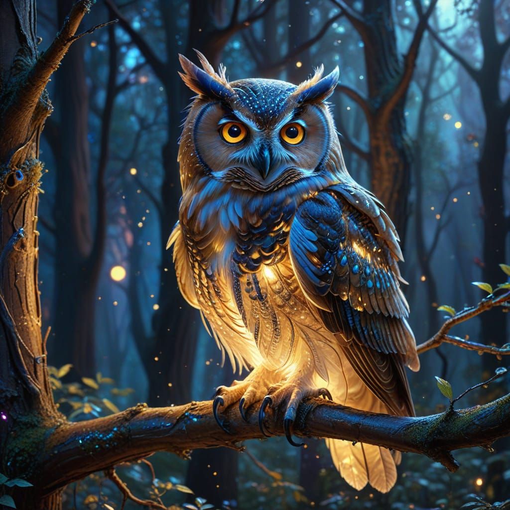 Mystical Owl on Glowing Branch in Enchanted Forest