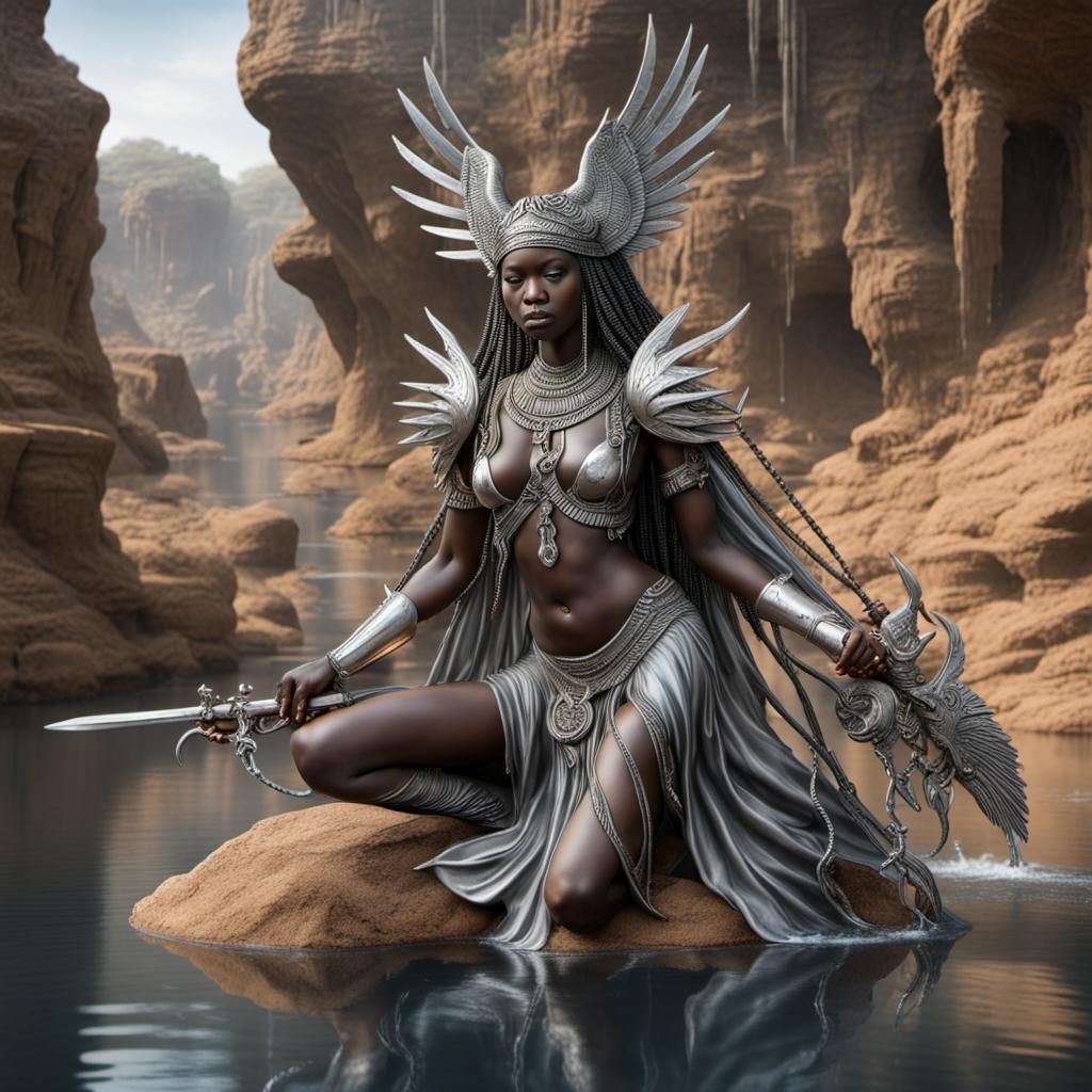 African Goddess with Iron Wings in Silver Rivers
