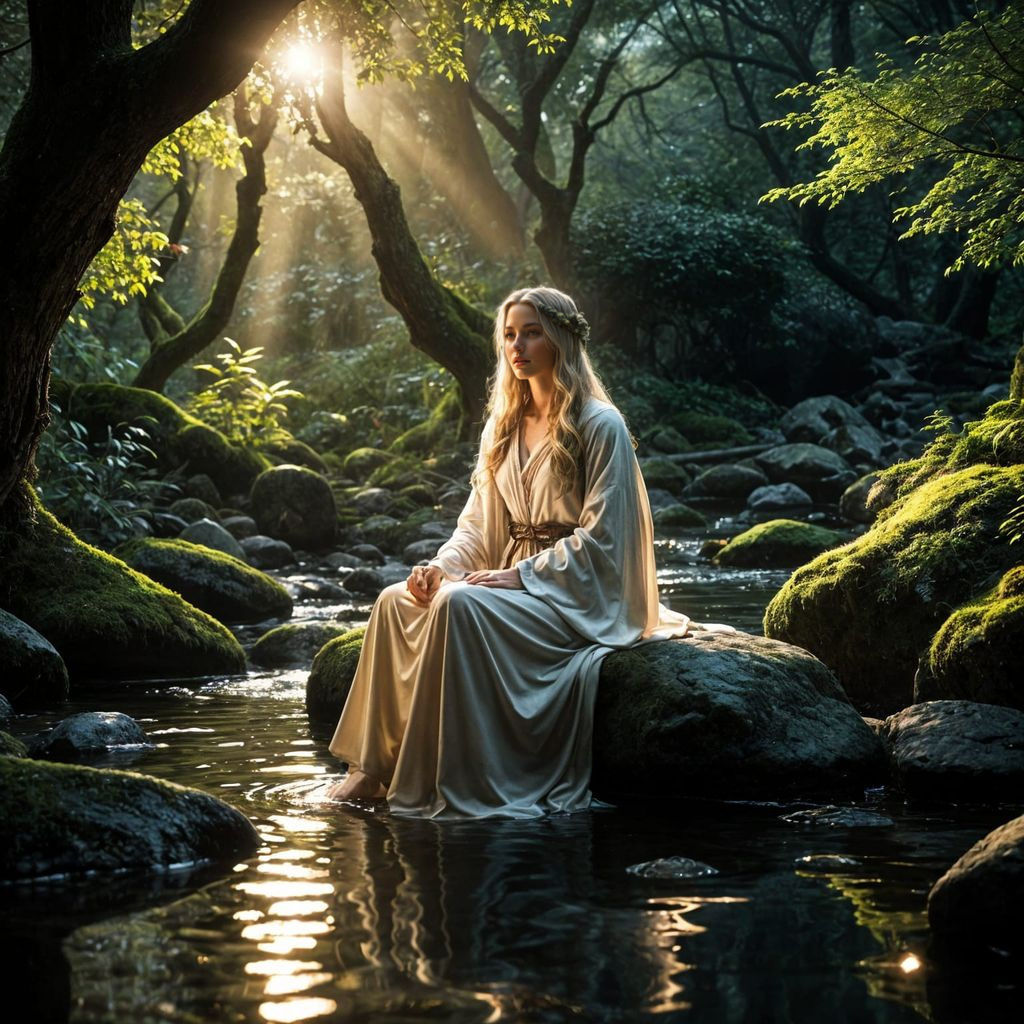A sorceress channeling calming energy, depicted as a gentle, luminous glow surrounding her as she sits peacefully beside a quiet stream. The...