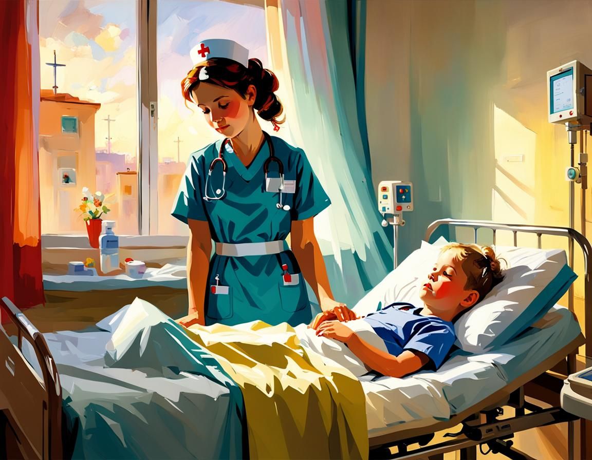 a nurse at the bedside of a child in the hospital    by @Monette77