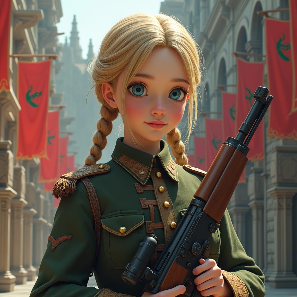 Blonde teen aged girl. She is holding an M14 rifle with a scope. She is wearing a miliitary parade uniform  There are red banners iin the ba...