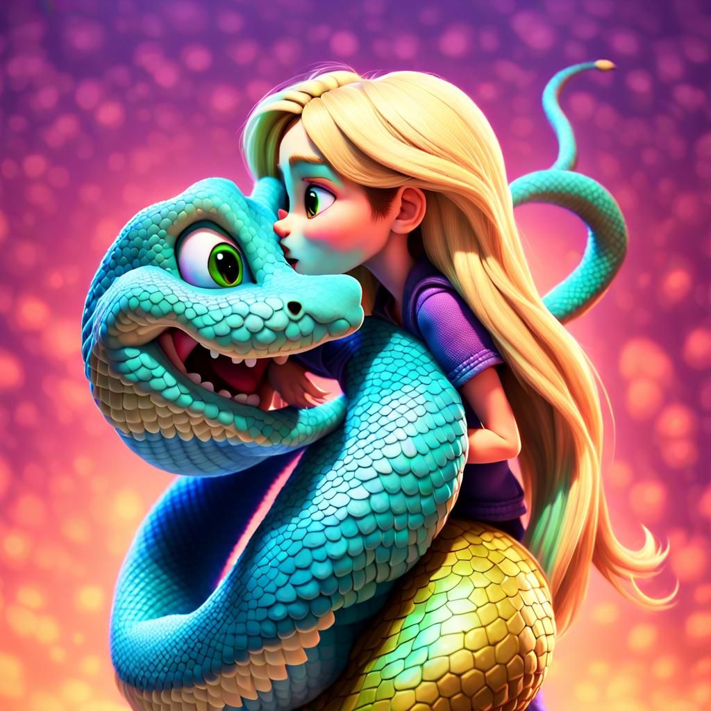 fluffy textured snake, flirty and made up, with long blonde ...