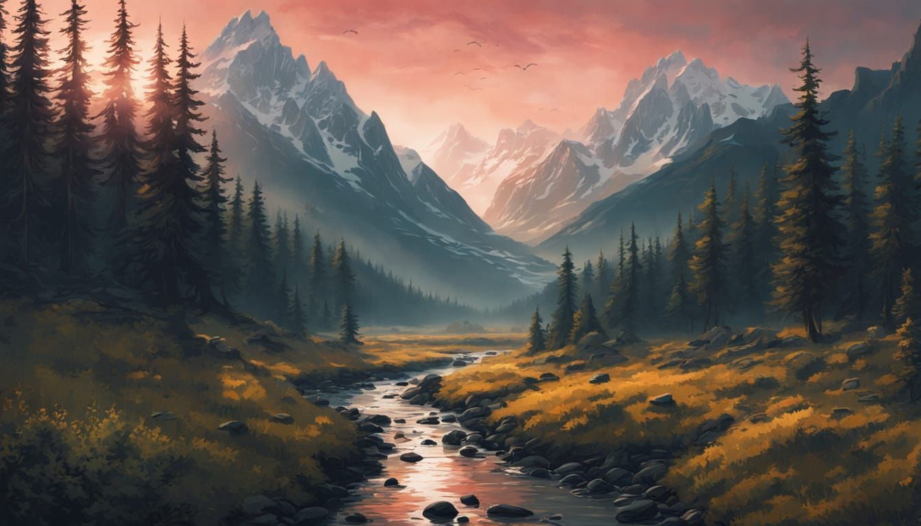 Sunrise Creek Landscape in Vibrant Guache Colors