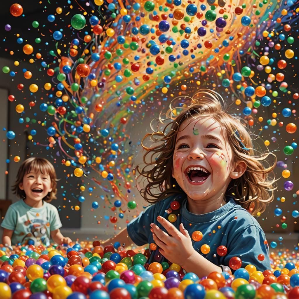 A happy laughing female child is playing with a huge rainbow swirl colored glass marble.  The female child is surrounded by piles and mounds...