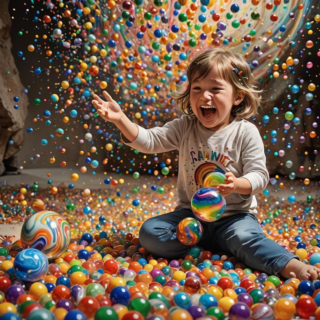 A happy laughing female child is playing with a huge rainbow swirl colored glass marble.  The female child is surrounded by piles and mounds...