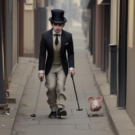 A cute mouse walking along a dirty street he is using crutch...