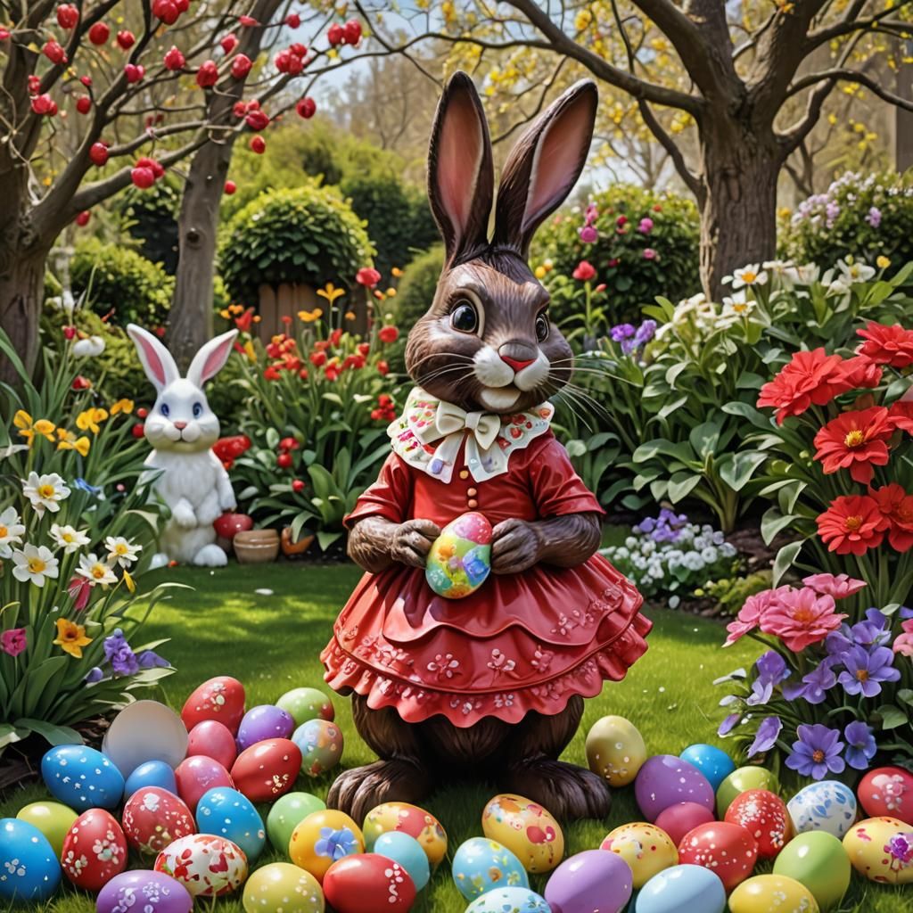Whimsical big chocolate easter bunny dressed in a red dress sitting by  a treasury witch is filled with ...  by @Louisa
