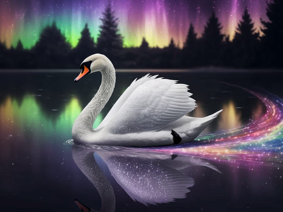 A white swan with sparkling silver feathers floats across a pond at night.  The wake left behind the ...  by @Sassy2keb