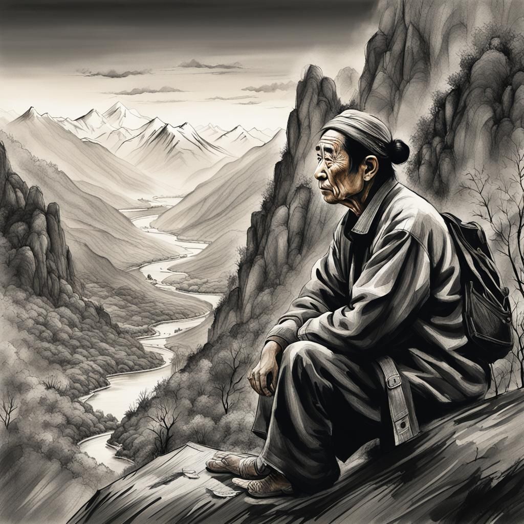 Serene Artist in Chinese Freehand Ink Painting