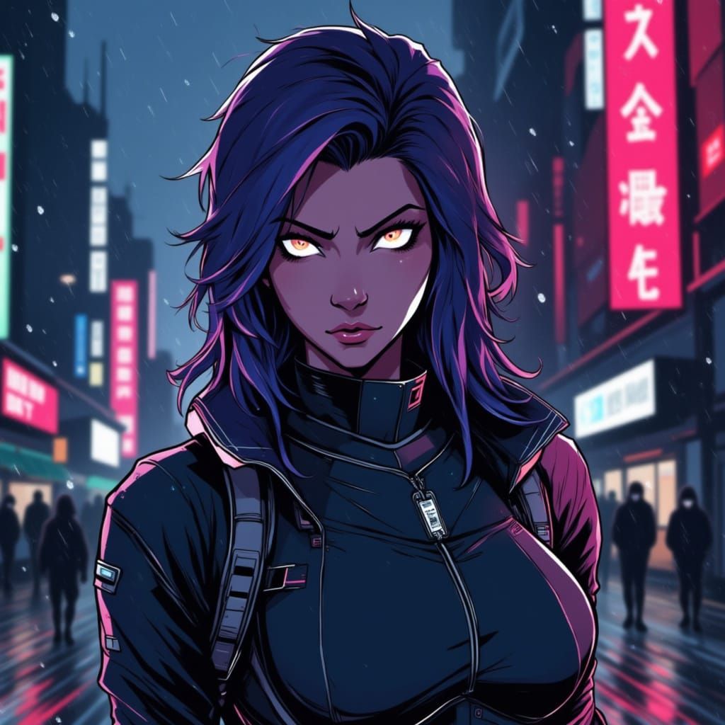 Medium shot of a female sci-fi protagonist in a cyberpunk city on a rainy evening. <lora:Death Before Decaf:1.0>