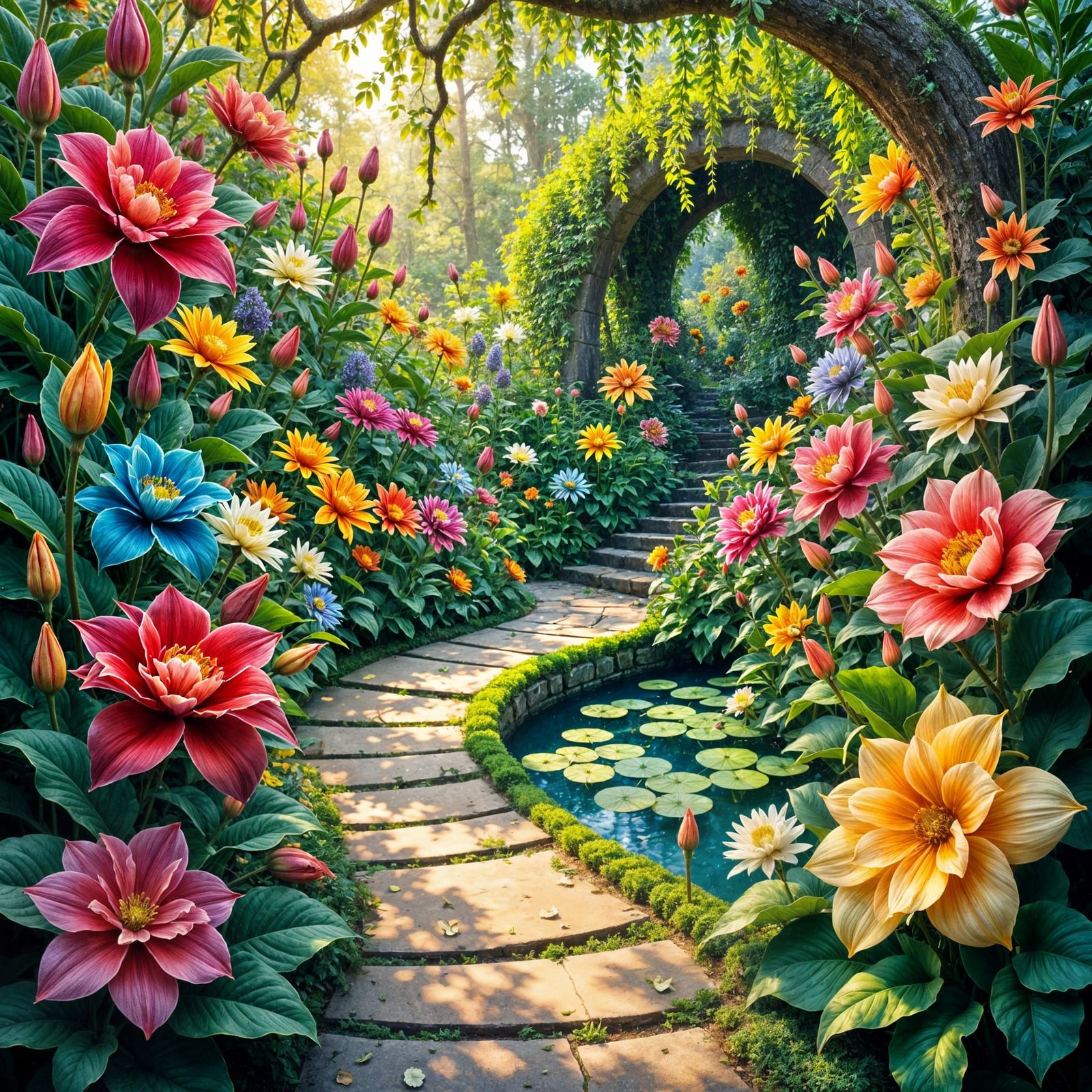 <lora:Floral Clarity:1.0> A breathtakingly beautiful, lush garden, teeming with an array of vibrant, exotic flowers in every hue, from velve...