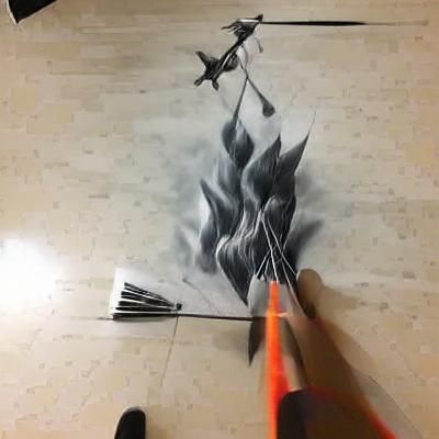 8K 3D charcoal drawing flaming arrows falling from the sky