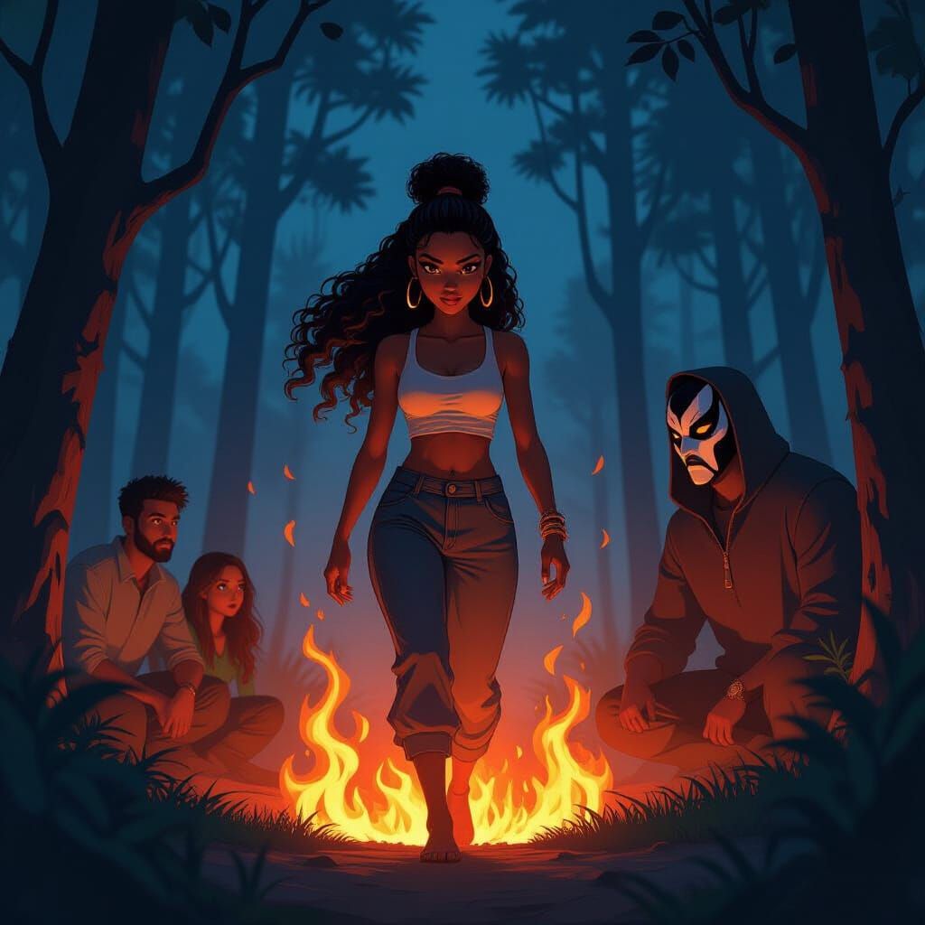 African forest in a mind night moon, Amina a beautiful animation wearing pant and top being going up in the flame of fire, while two guys an...
